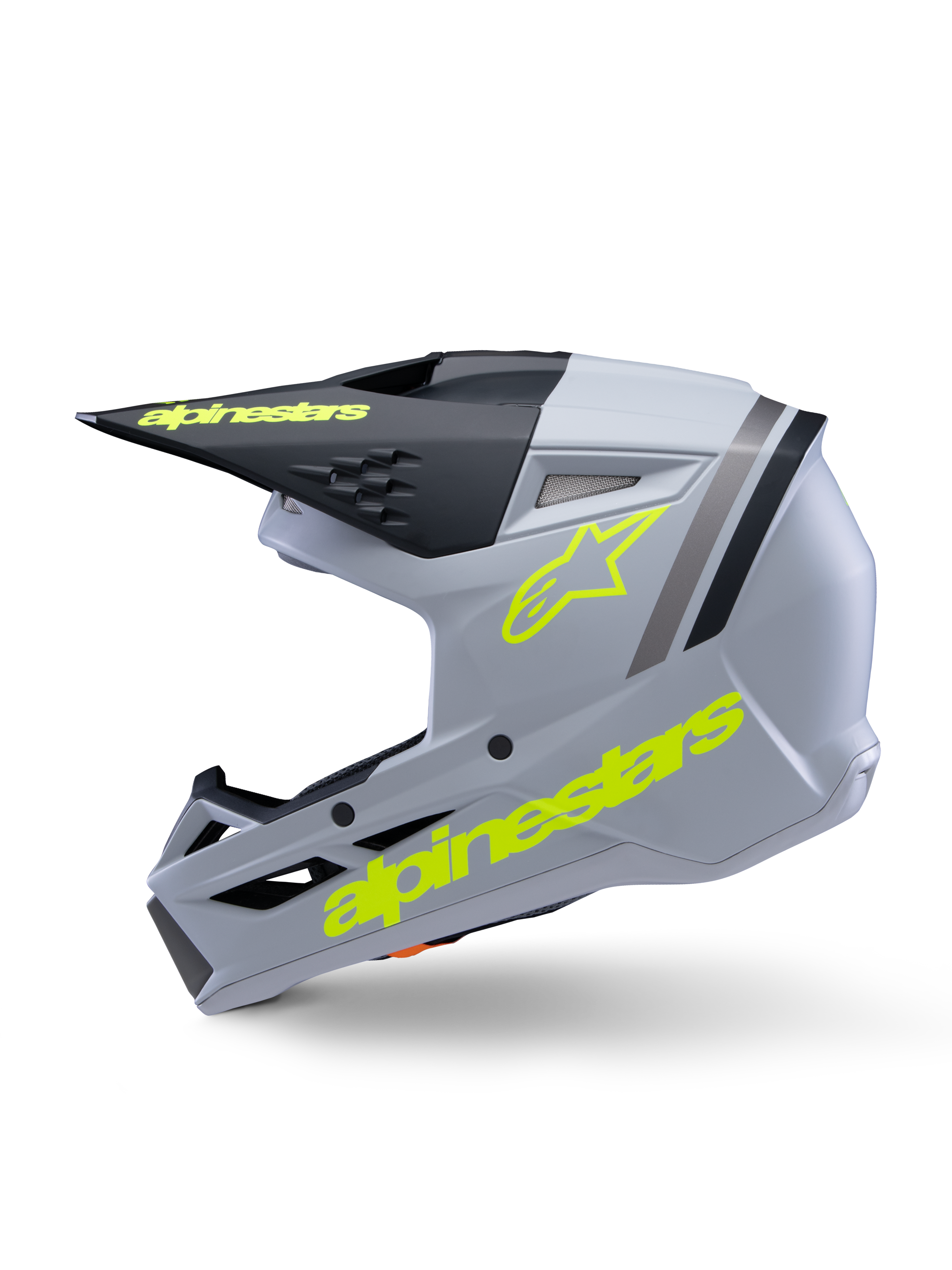Alpinestars S-M3 Youth Radium hjelm ECE 22.06, motocrosshjelm, grå, sort og gul fluo mat, set fra siden med fluoriserende gule Alpinestars-logoer og sort visir, strømlinet beskyttelsesudstyr til unge kørere