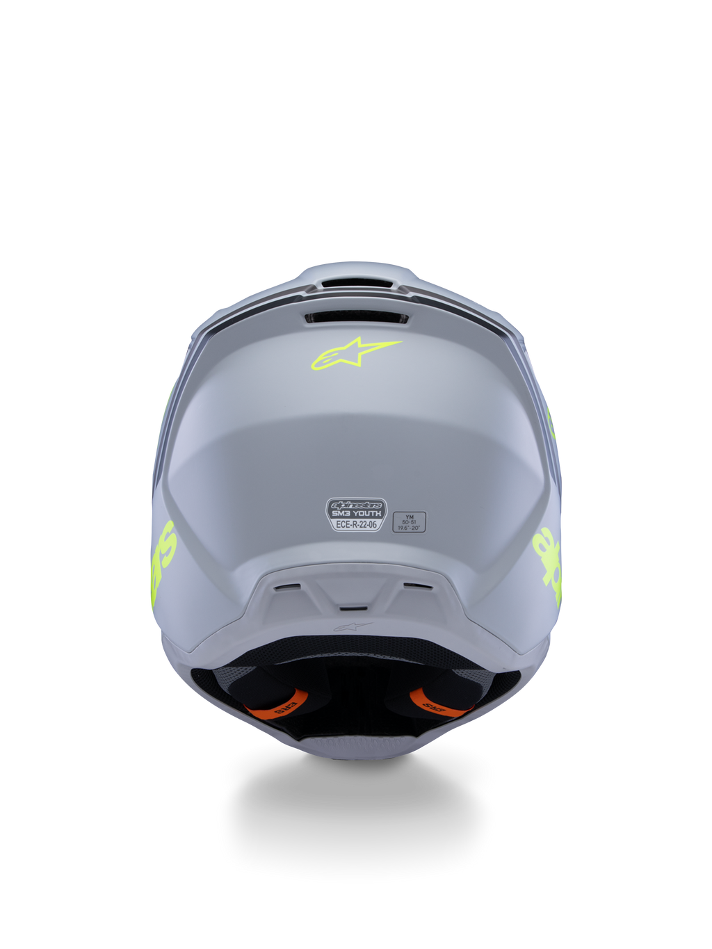 Alpinestars S-M3 Youth Radium hjelm ECE 22.06, grå, sort og gul fluo mat, set bagfra med ventilationsåbninger og certificeringsmærkater, fluoriserende gult stjernelogo, aerodynamisk skaldesign til motocross og off-road kørsel