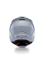 Alpinestars S-M3 Youth Radium hjelm ECE 22.06, grå, sort og gul fluo mat, set bagfra med ventilationsåbninger og certificeringsmærkater, fluoriserende gult stjernelogo, aerodynamisk skaldesign til motocross og off-road kørsel