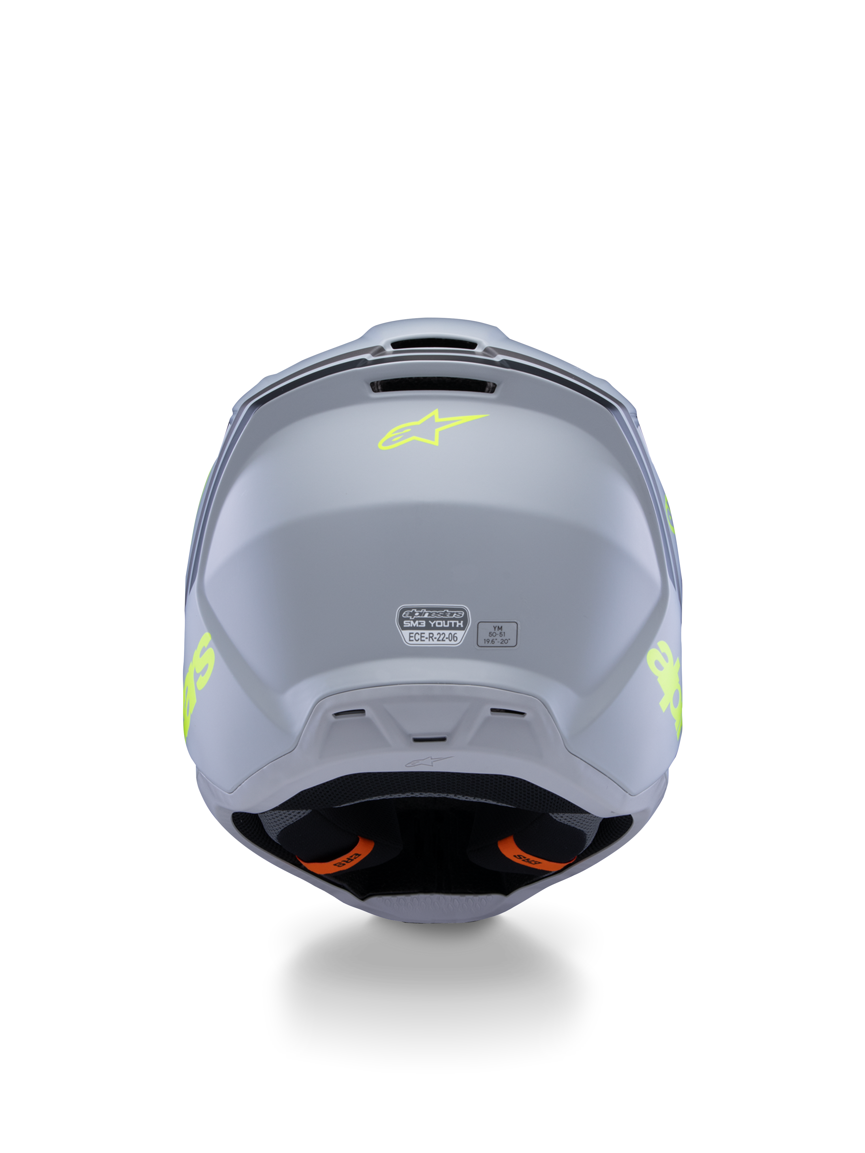 Alpinestars S-M3 Youth Radium hjelm ECE 22.06, grå, sort og gul fluo mat, set bagfra med ventilationsåbninger og certificeringsmærkater, fluoriserende gult stjernelogo, aerodynamisk skaldesign til motocross og off-road kørsel