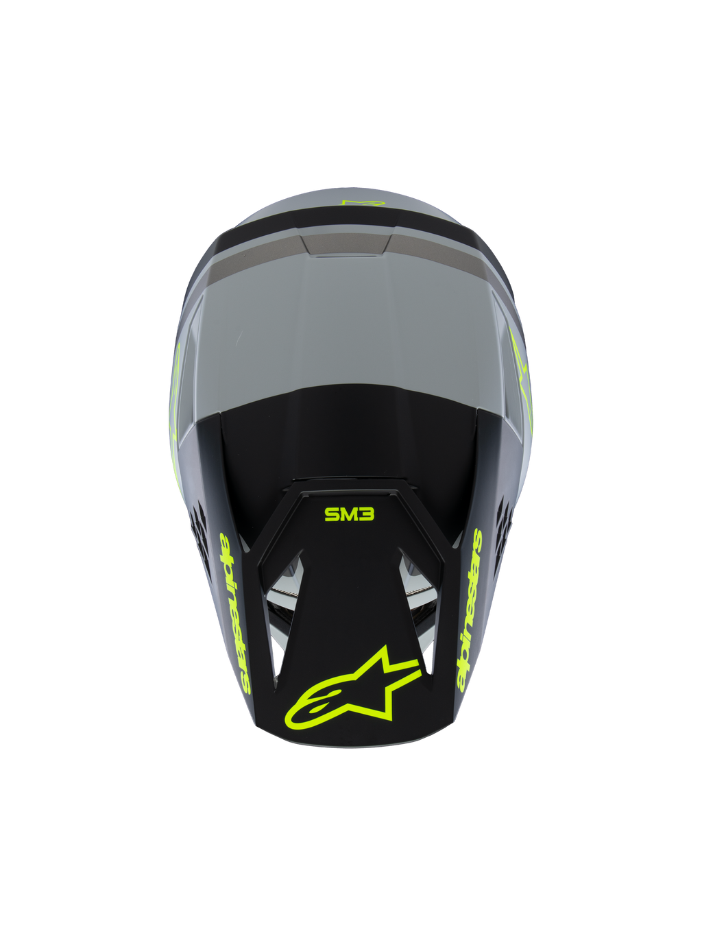 Alpinestars S-M3 Youth Radium hjelm ECE 22.06, motocrosshjelm, matgrå og sort med fluorescerende gule detaljer, set oppefra med Alpinestars- og SM3-branding, specialiseret off-road hovedbeskyttelse til unge