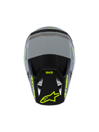 Alpinestars S-M3 Youth Radium hjelm ECE 22.06, motocrosshjelm, matgrå og sort med fluorescerende gule detaljer, set oppefra med Alpinestars- og SM3-branding, specialiseret off-road hovedbeskyttelse til unge
