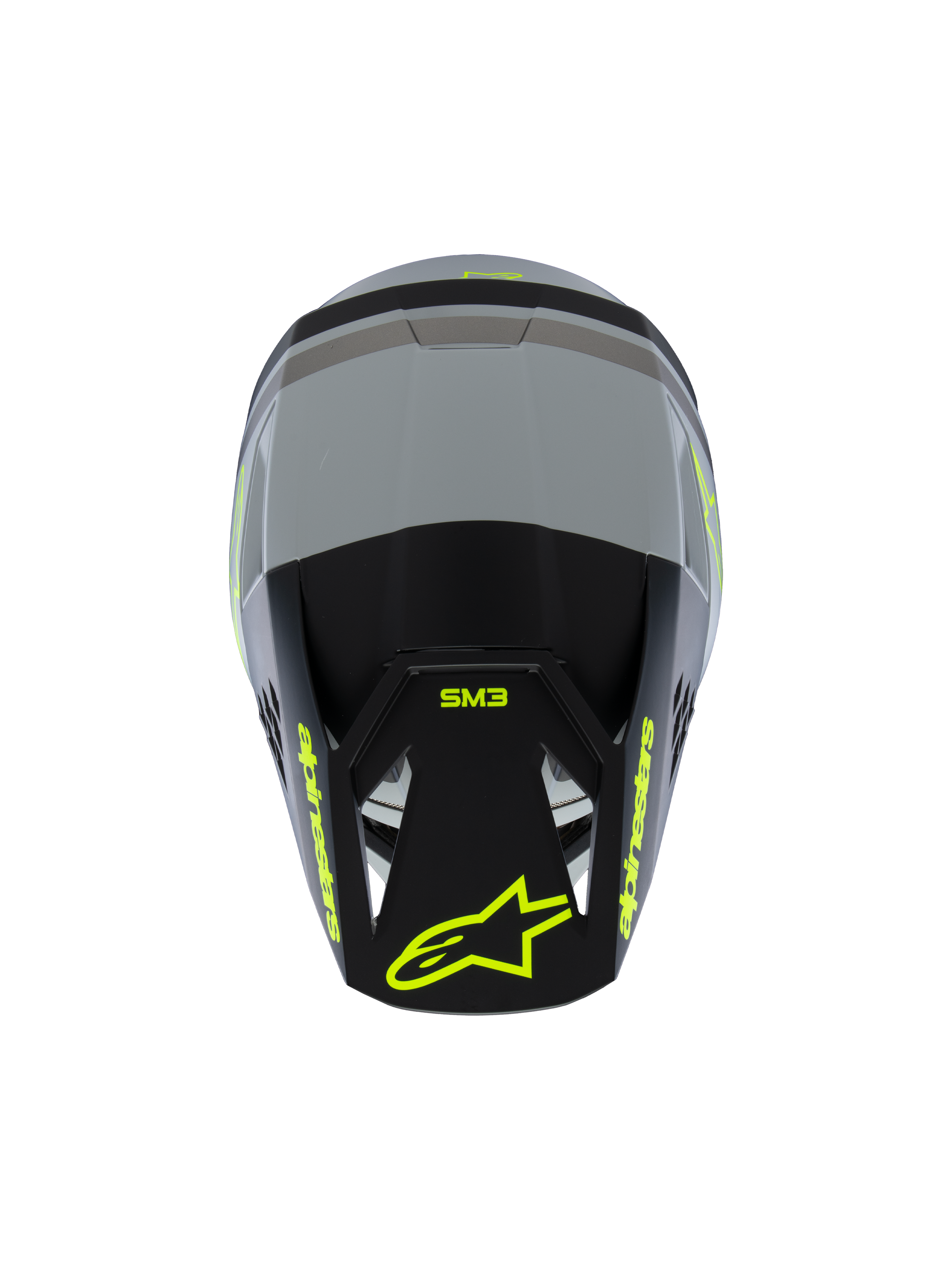 Alpinestars S-M3 Youth Radium hjelm ECE 22.06, motocrosshjelm, matgrå og sort med fluorescerende gule detaljer, set oppefra med Alpinestars- og SM3-branding, specialiseret off-road hovedbeskyttelse til unge