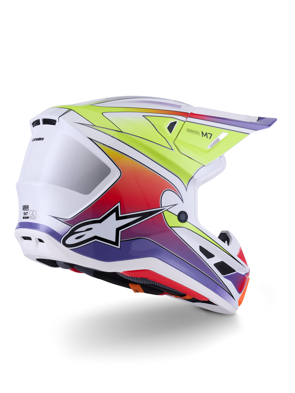 Alpinestars S-M7 Fuse hjelm, motocross-hjelm, hvid, neongul og lilla blank, levende flerfarvet gradient-grafik med fremtrædende sort og hvidt stjernelogo, aerodynamisk kompositskal med integrerede ventilationsporte, designet til off-road racing