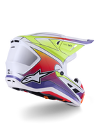 Alpinestars S-M7 Fuse hjelm, motocross-hjelm, hvid, neongul og lilla blank, levende flerfarvet gradient-grafik med fremtrædende sort og hvidt stjernelogo, aerodynamisk kompositskal med integrerede ventilationsporte, designet til off-road racing