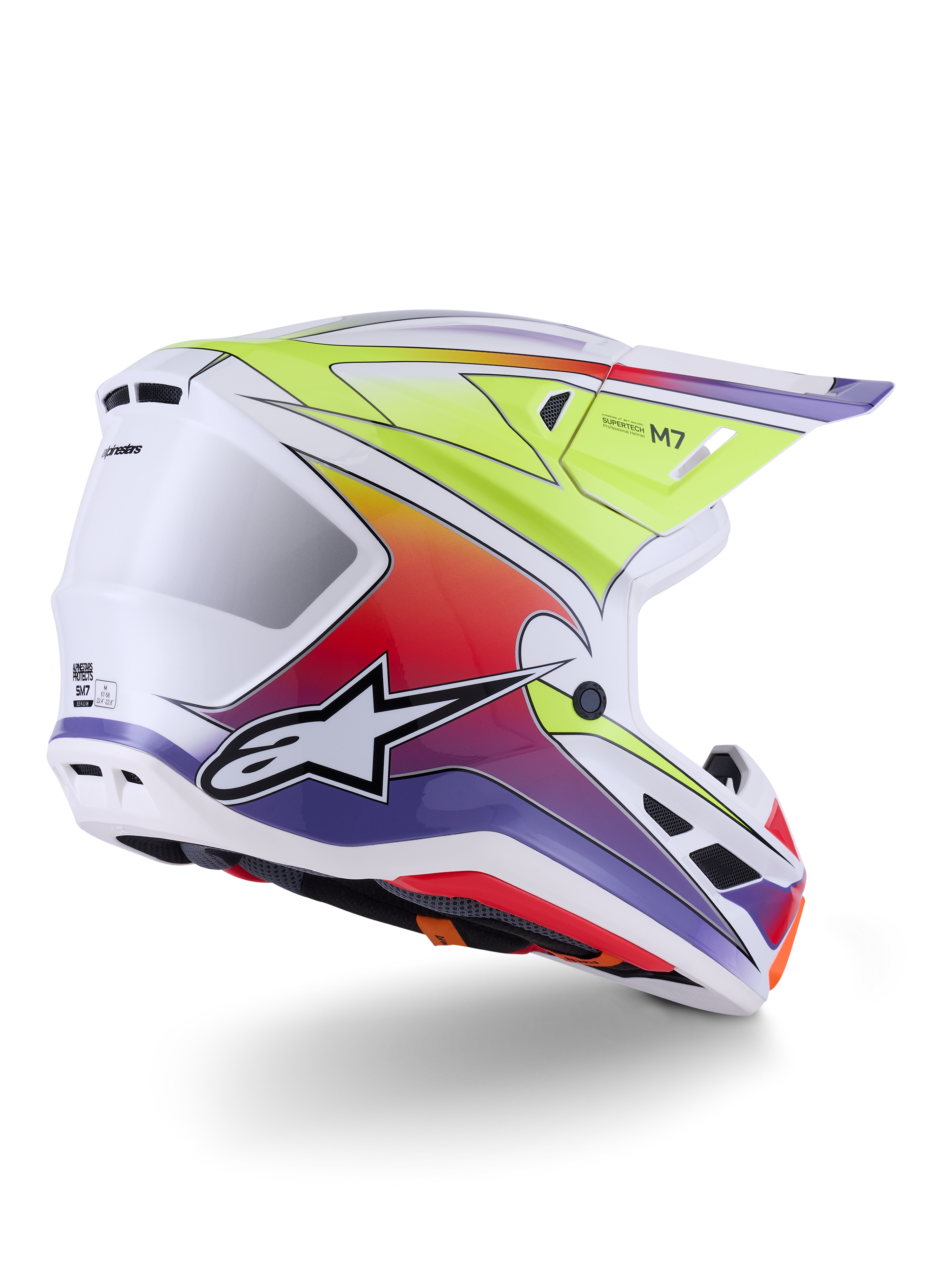 Alpinestars S-M7 Fuse hjelm, motocross-hjelm, hvid, neongul og lilla blank, levende flerfarvet gradient-grafik med fremtrædende sort og hvidt stjernelogo, aerodynamisk kompositskal med integrerede ventilationsporte, designet til off-road racing