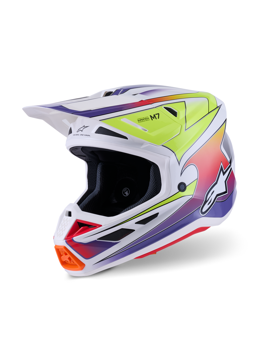 Alpinestars S-M7 Fuse hjelm, motocrosshjelm, hvid med gul fluo og lilla gradient-grafik, med en strømlinet kompositskal, integreret visir, flere mesh-ventiler og højtydende racerdesign til off-road brug