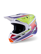 Alpinestars S-M7 Fuse hjelm, motocrosshjelm, hvid med gul fluo og lilla gradient-grafik, med en strømlinet kompositskal, integreret visir, flere mesh-ventiler og højtydende racerdesign til off-road brug