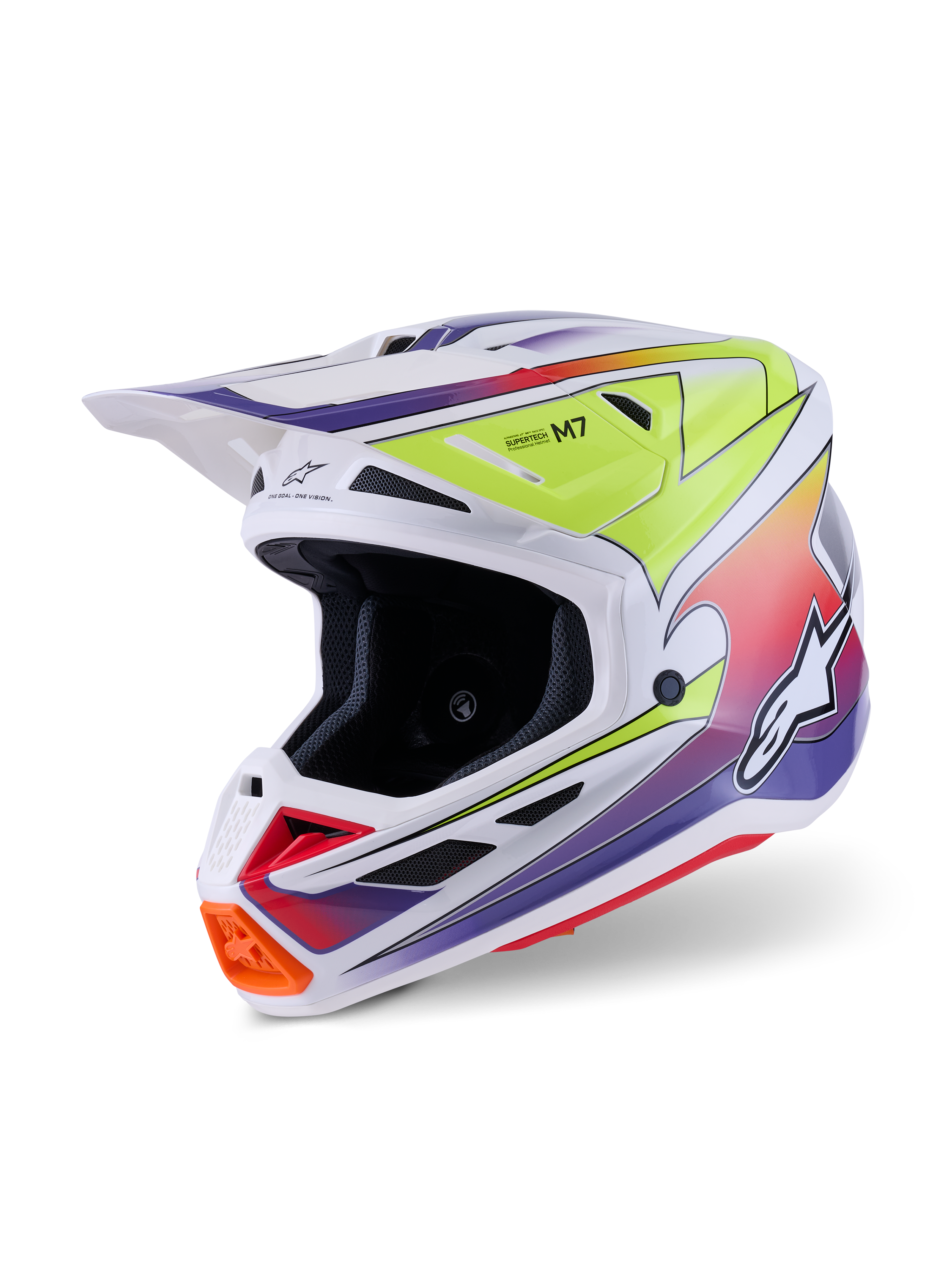 Alpinestars S-M7 Fuse hjelm, motocrosshjelm, hvid med gul fluo og lilla gradient-grafik, med en strømlinet kompositskal, integreret visir, flere mesh-ventiler og højtydende racerdesign til off-road brug