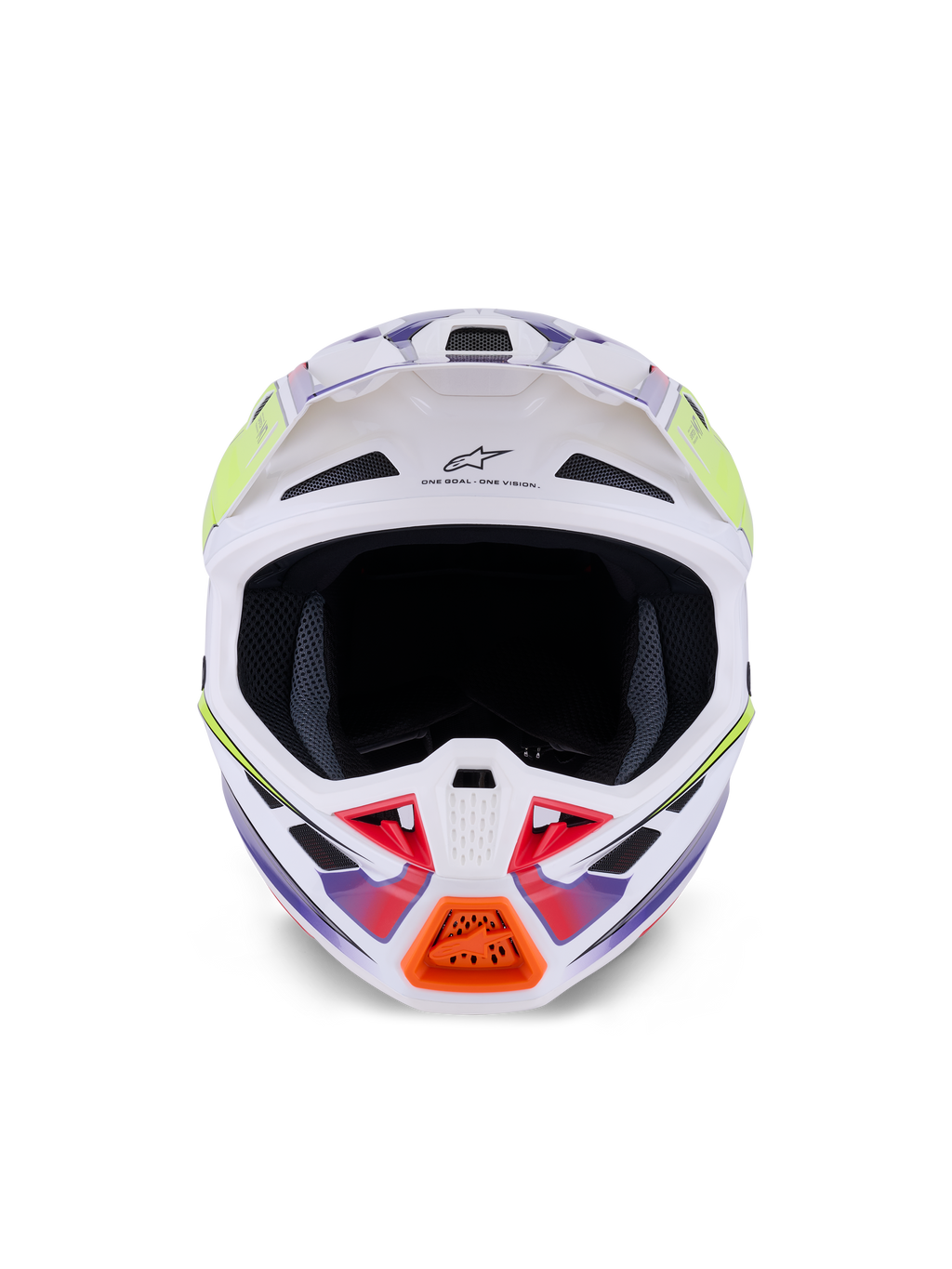 Alpinestars S-M7 Fuse hjelm, motocrosshjelm, hvid, gul fluo og lilla blank, set forfra med flere luftindtagsventiler, aerodynamisk kompositskal og orange detalje på hagebeskytteren