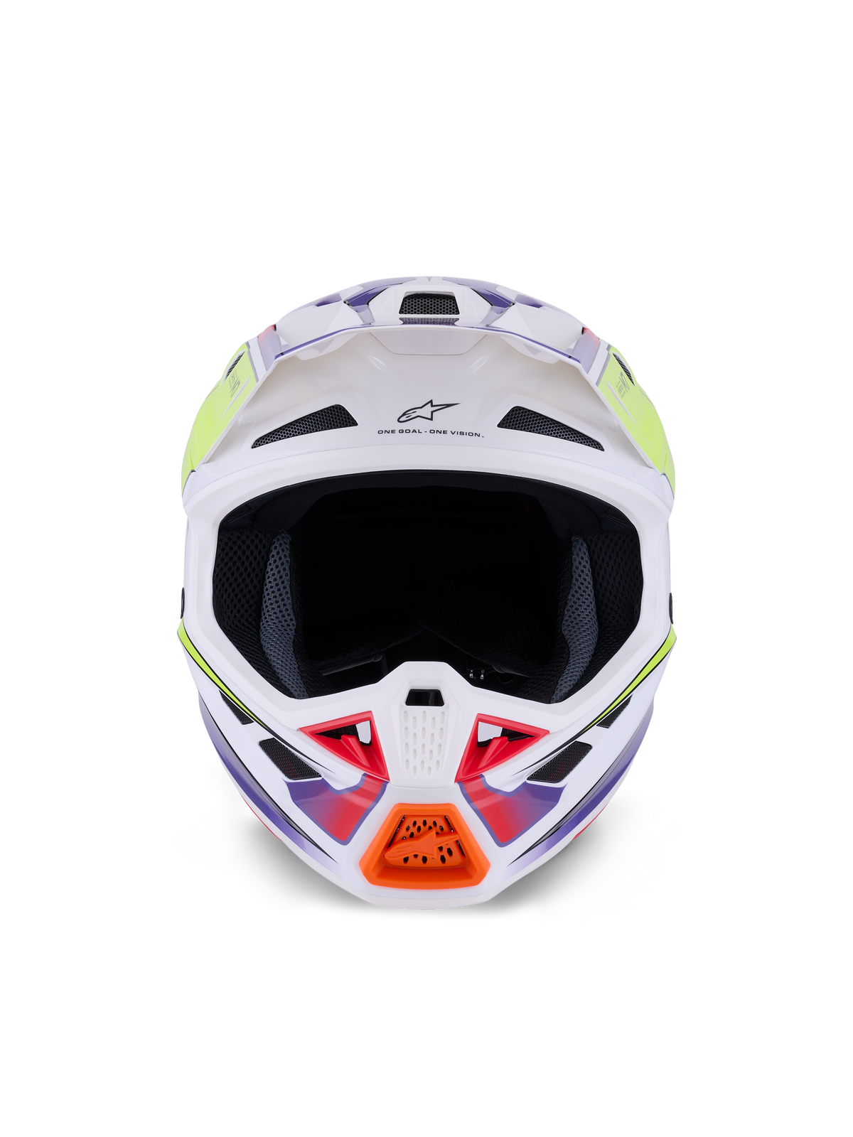 Alpinestars S-M7 Fuse hjelm, motocrosshjelm, hvid, gul fluo og lilla blank, set forfra med flere luftindtagsventiler, aerodynamisk kompositskal og orange detalje på hagebeskytteren