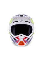 Alpinestars S-M7 Fuse hjelm, motocrosshjelm, hvid, gul fluo og lilla blank, set forfra med flere luftindtagsventiler, aerodynamisk kompositskal og orange detalje på hagebeskytteren