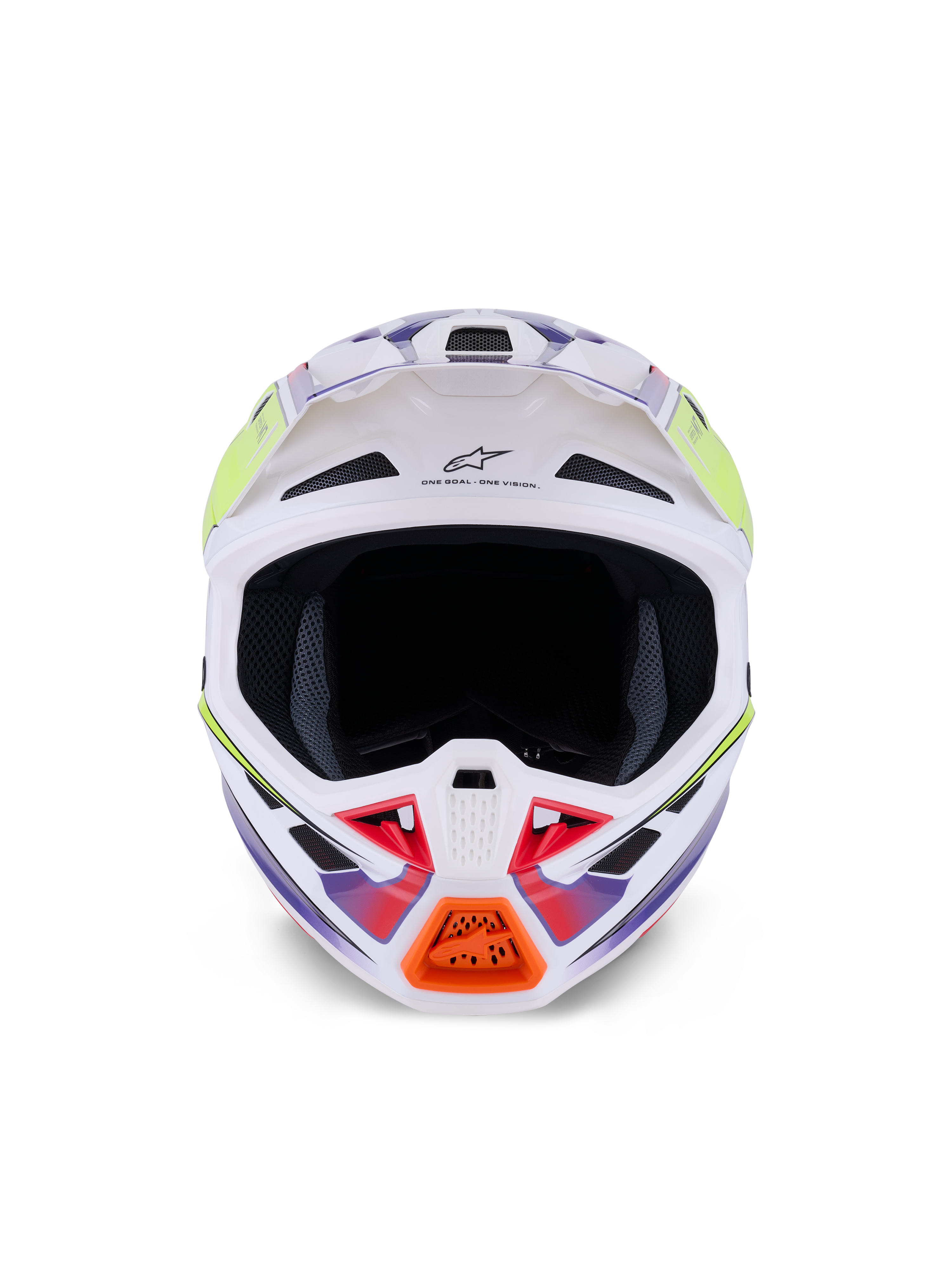 Alpinestars S-M7 Fuse hjelm, motocrosshjelm, hvid, gul fluo og lilla blank, set forfra med flere luftindtagsventiler, aerodynamisk kompositskal og orange detalje på hagebeskytteren