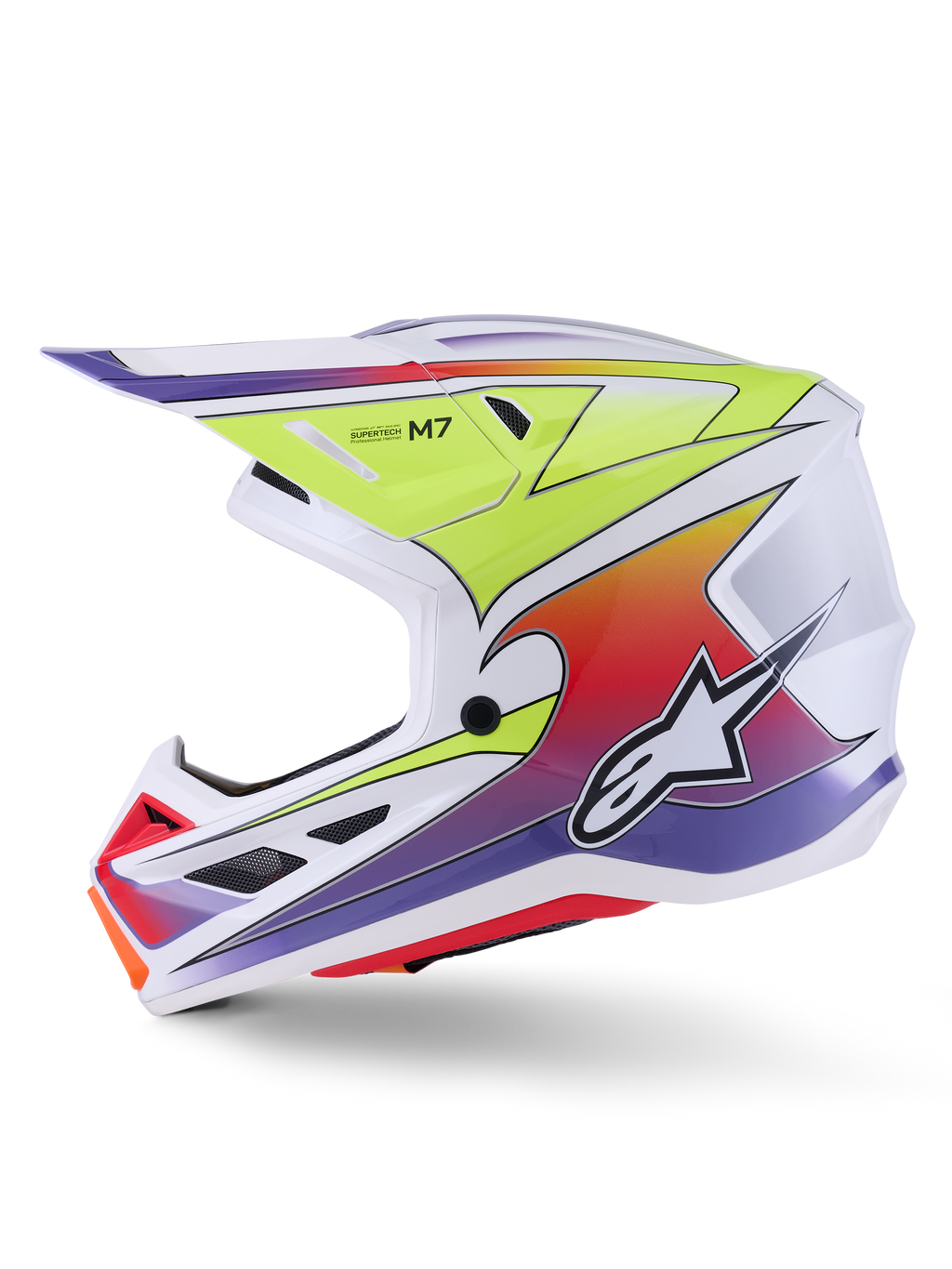 Alpinestars S-M7 Fuse hjelm, motocrosshjelm, hvid, gul fluo og blank lilla, sideprofil der viser den aerodynamiske skal med farverig gradientgrafik, sorte ventilationsåbninger og hvidt Alpinestars-logo, højtydende off-road racingudstyr.
