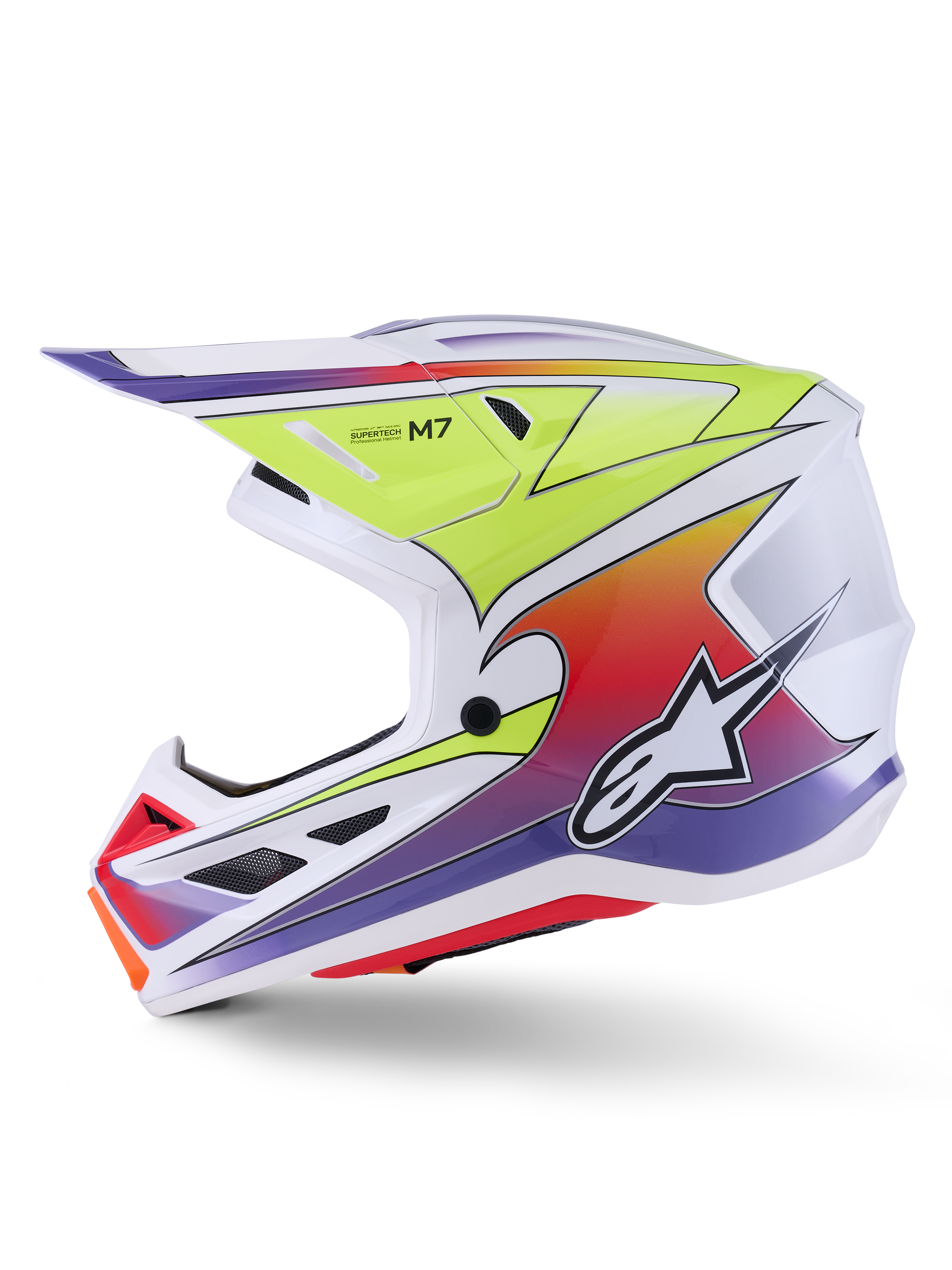 Alpinestars S-M7 Fuse hjelm, motocrosshjelm, hvid, gul fluo og blank lilla, sideprofil der viser den aerodynamiske skal med farverig gradientgrafik, sorte ventilationsåbninger og hvidt Alpinestars-logo, højtydende off-road racingudstyr.