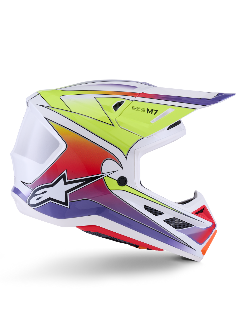 Alpinestars S-M7 Fuse hjelm, motocross-hjelm, hvid med gul fluo, rød og lilla gradueringer, blank finish med en aerodynamisk skal, integreret visir og sorte mesh-ventilationsåbninger.