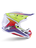 Alpinestars S-M7 Fuse hjelm, motocross-hjelm, hvid med gul fluo, rød og lilla gradueringer, blank finish med en aerodynamisk skal, integreret visir og sorte mesh-ventilationsåbninger.