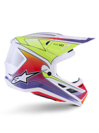 Alpinestars S-M7 Fuse hjelm, motocross-hjelm, hvid med gul fluo, rød og lilla gradueringer, blank finish med en aerodynamisk skal, integreret visir og sorte mesh-ventilationsåbninger.