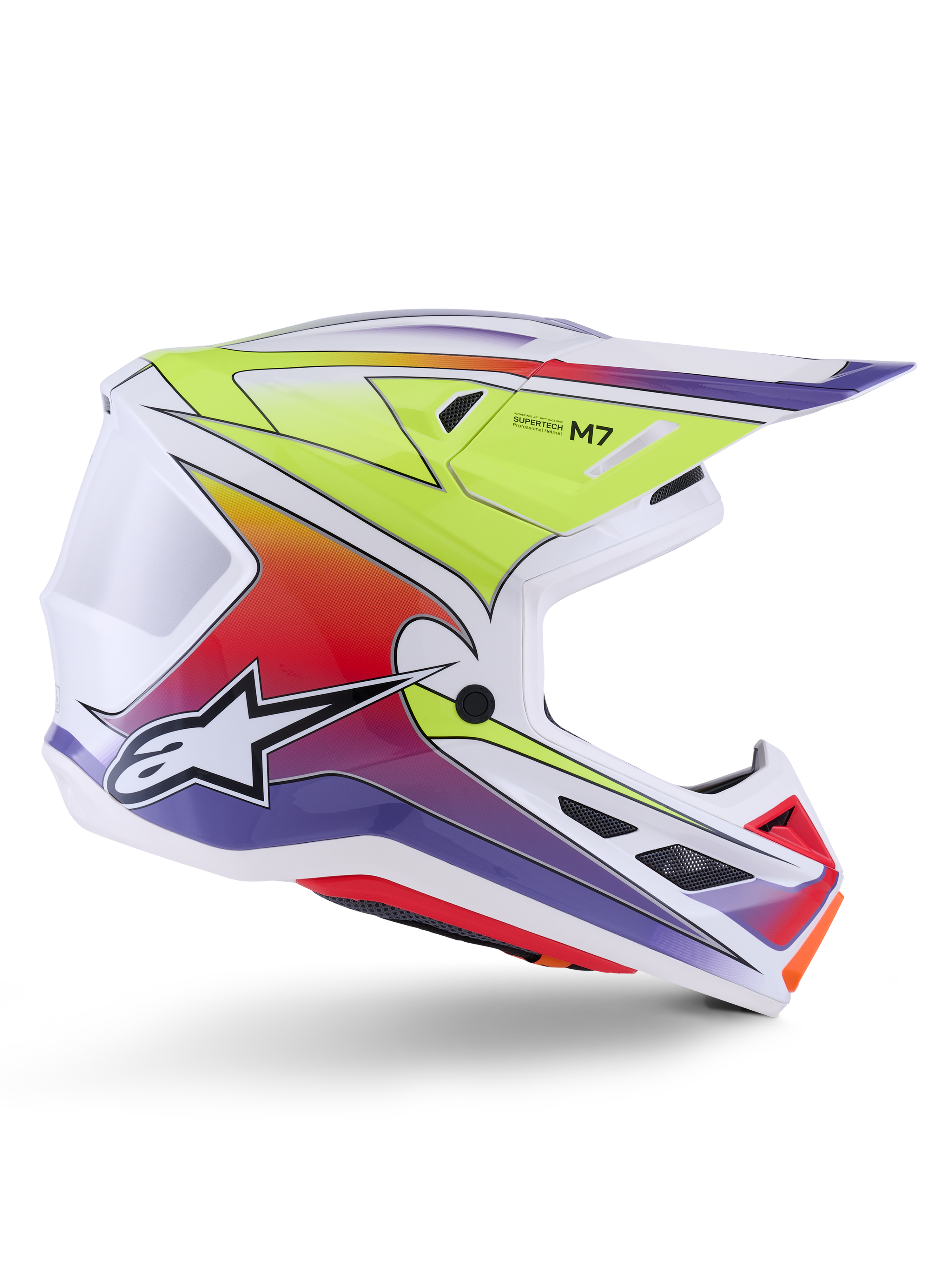 Alpinestars S-M7 Fuse hjelm, motocross-hjelm, hvid med gul fluo, rød og lilla gradueringer, blank finish med en aerodynamisk skal, integreret visir og sorte mesh-ventilationsåbninger.