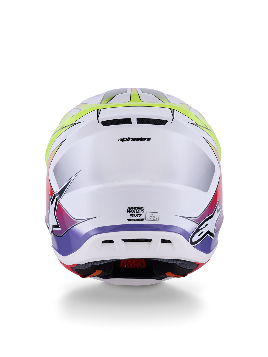 Alpinestars S-M7 Fuse-hjelm ECE 22.06, motocross-hjelm, hvid, gul fluo og lilla blank, set bagfra med integrerede udluftningsporte, Alpinestars-branding og sidelogoer, strømlinet aerodynamisk skaldesign.