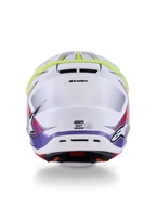 Alpinestars S-M7 Fuse-hjelm ECE 22.06, motocross-hjelm, hvid, gul fluo og lilla blank, set bagfra med integrerede udluftningsporte, Alpinestars-branding og sidelogoer, strømlinet aerodynamisk skaldesign.