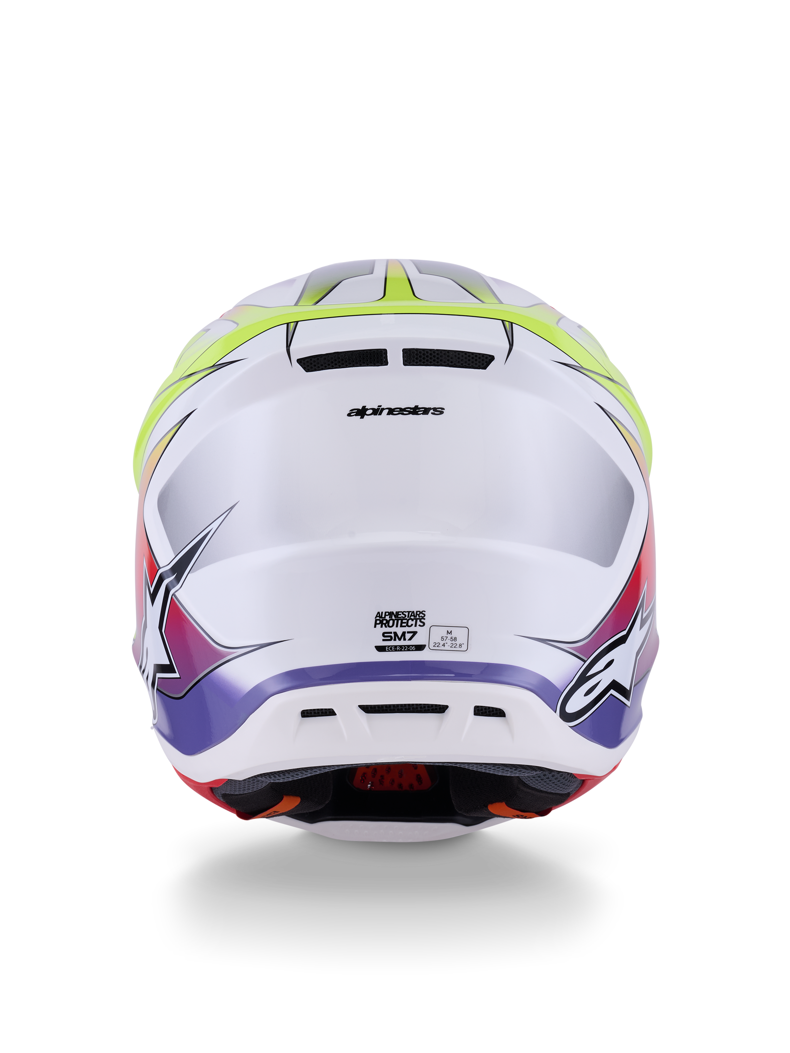 Alpinestars S-M7 Fuse-hjelm ECE 22.06, motocross-hjelm, hvid, gul fluo og lilla blank, set bagfra med integrerede udluftningsporte, Alpinestars-branding og sidelogoer, strømlinet aerodynamisk skaldesign.