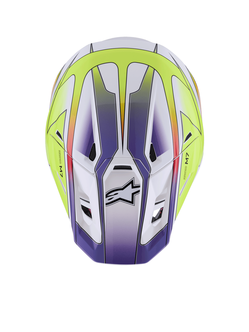 Alpinestars S-M7 Fuse hjelm, motocross-hjelm, hvid, gul fluo og blank lilla, set oppefra, viser aerodynamisk skal med ventilationsåbninger og sort Alpinestars-logo, førsteklasses off-road racingbeskyttelse