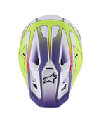 Alpinestars S-M7 Fuse hjelm, motocross-hjelm, hvid, gul fluo og blank lilla, set oppefra, viser aerodynamisk skal med ventilationsåbninger og sort Alpinestars-logo, førsteklasses off-road racingbeskyttelse