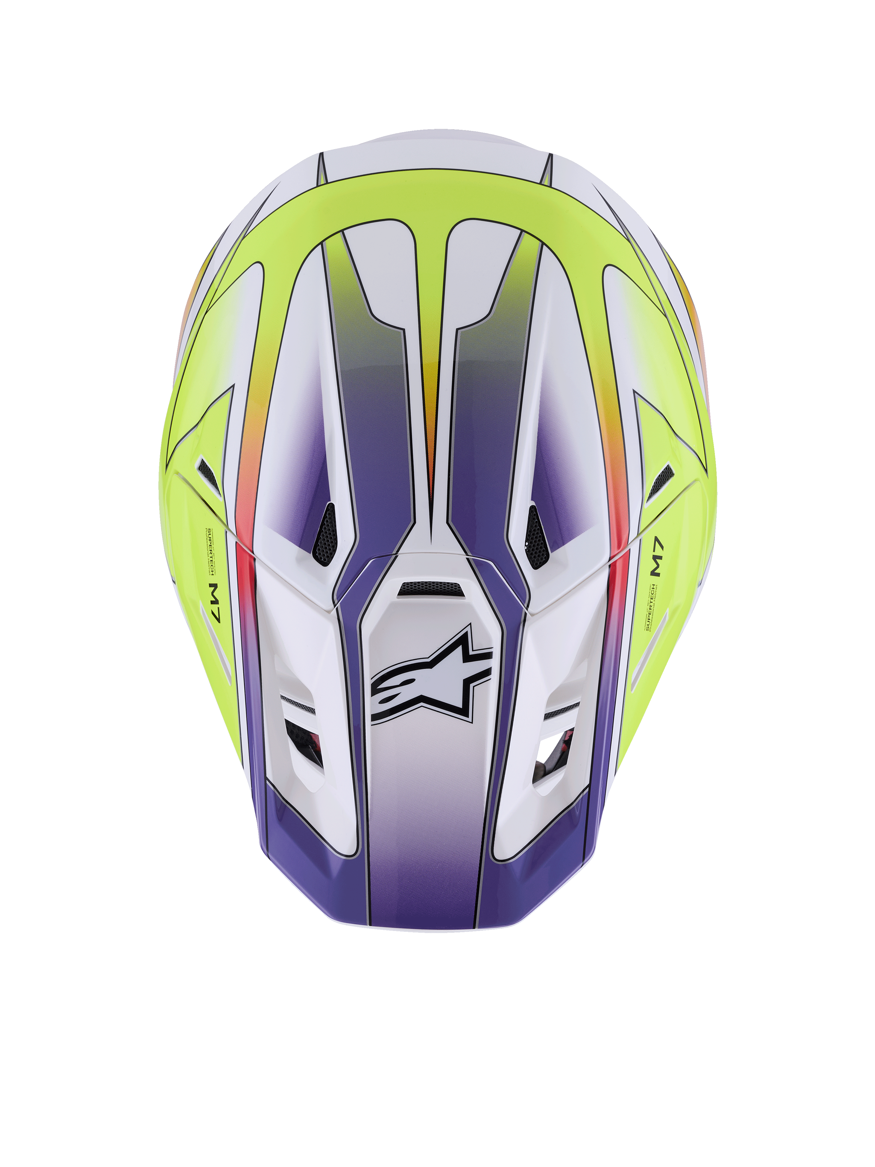 Alpinestars S-M7 Fuse hjelm, motocross-hjelm, hvid, gul fluo og blank lilla, set oppefra, viser aerodynamisk skal med ventilationsåbninger og sort Alpinestars-logo, førsteklasses off-road racingbeskyttelse