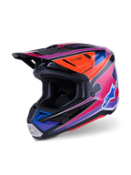 Alpinestars S-M7 Fuse Helmet, Motocross Helmet, Blue Purple Pink Glossy, featuring vibrant multi-colored graphics with orange and black accents, aerodynamic shell design with multiple intake vents, professional off-road racing gear
