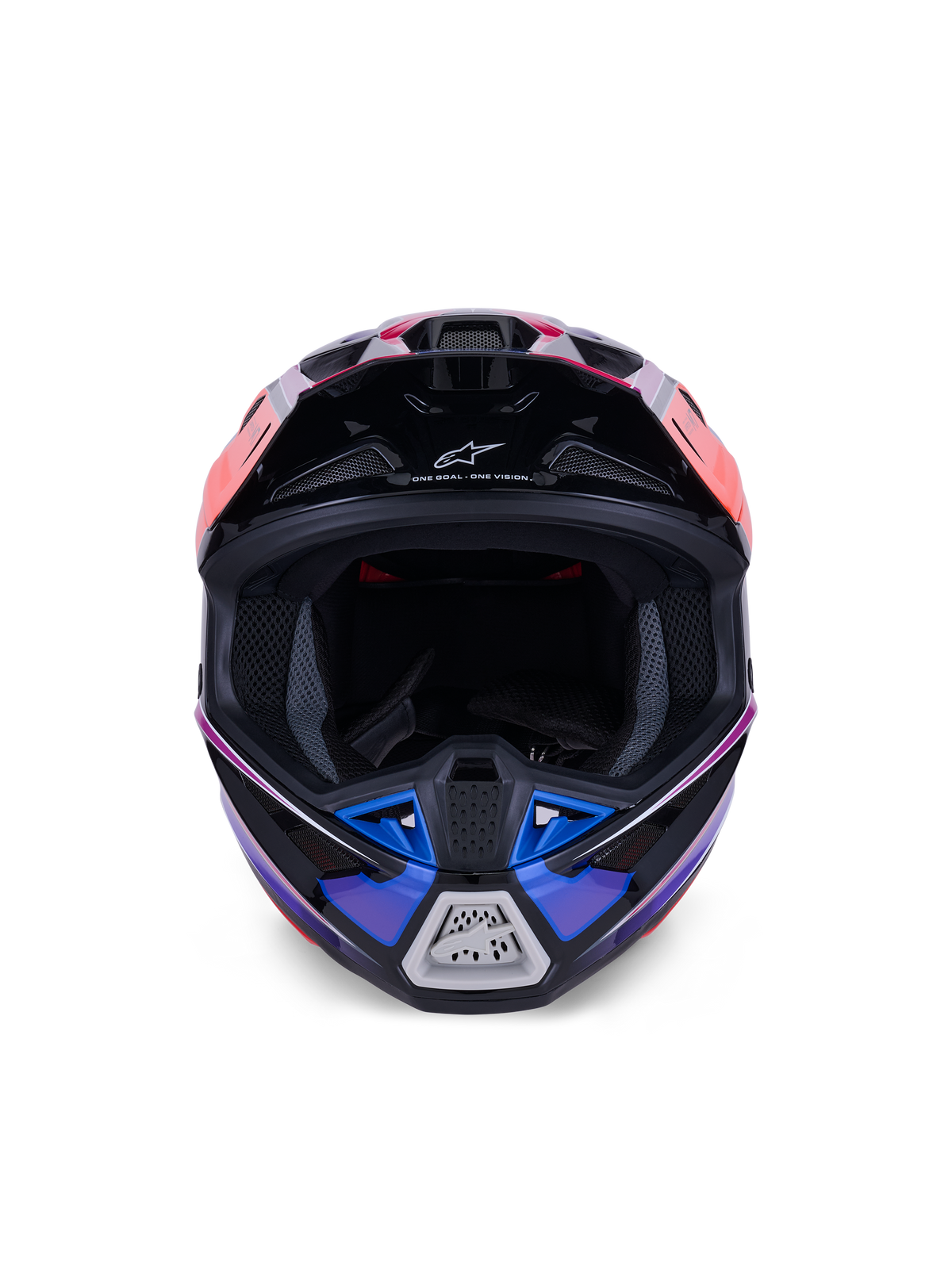 Alpinestars S-M7 Fuse hjelm, motocrosshjelm, blå, lilla og lyserød blank, set forfra med åbning til ansigtet og ventileret hagebeskytter, sorte detaljer og Alpinestars-branding, aerodynamisk off-road racing design