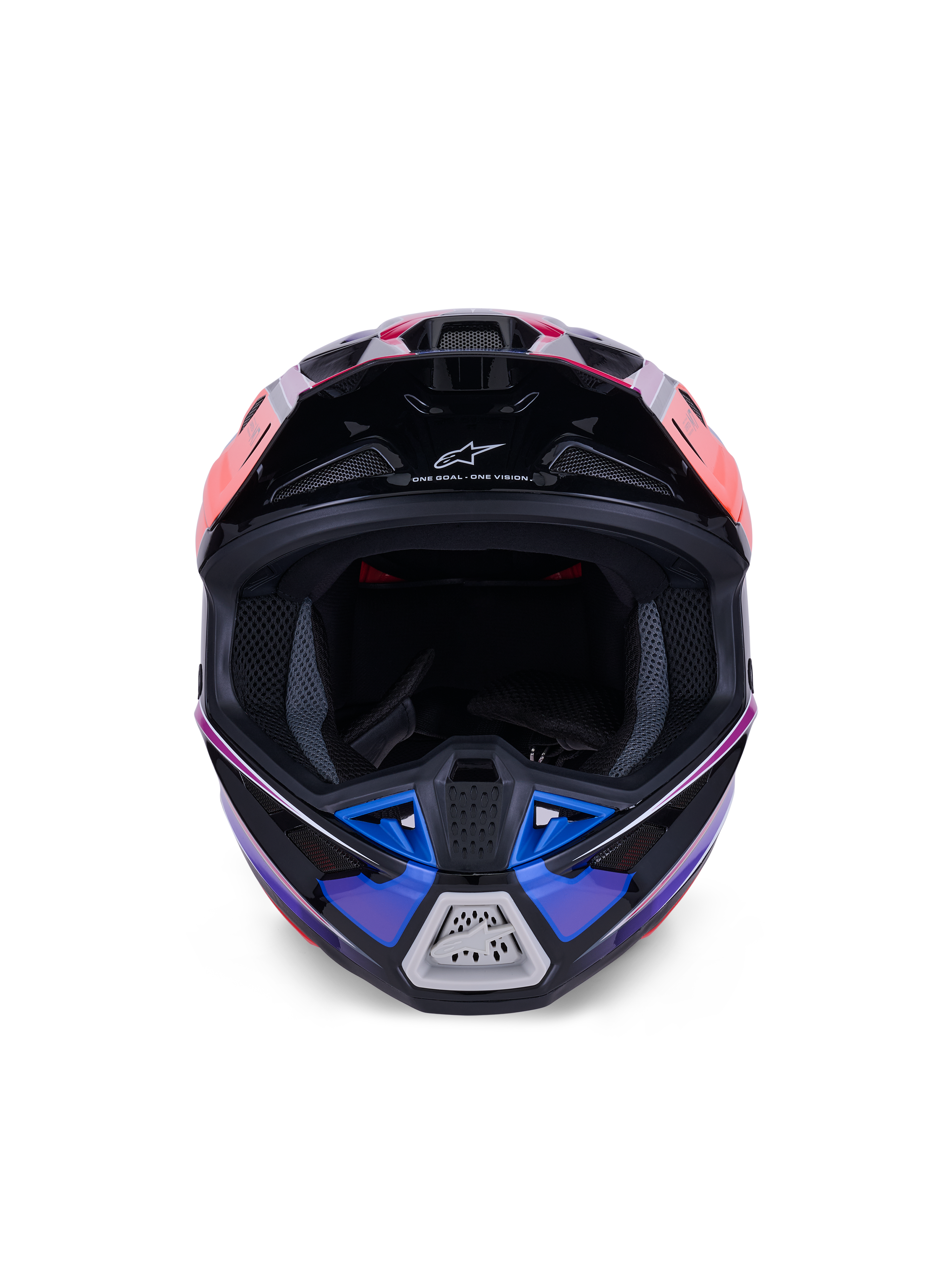Alpinestars S-M7 Fuse Helmet, Motocross Helmet, Blue Purple and Pink Glossy, front view showing the eye port and ventilated chin bar, featuring black accents and Alpinestars branding, aerodynamic off-road racing design
