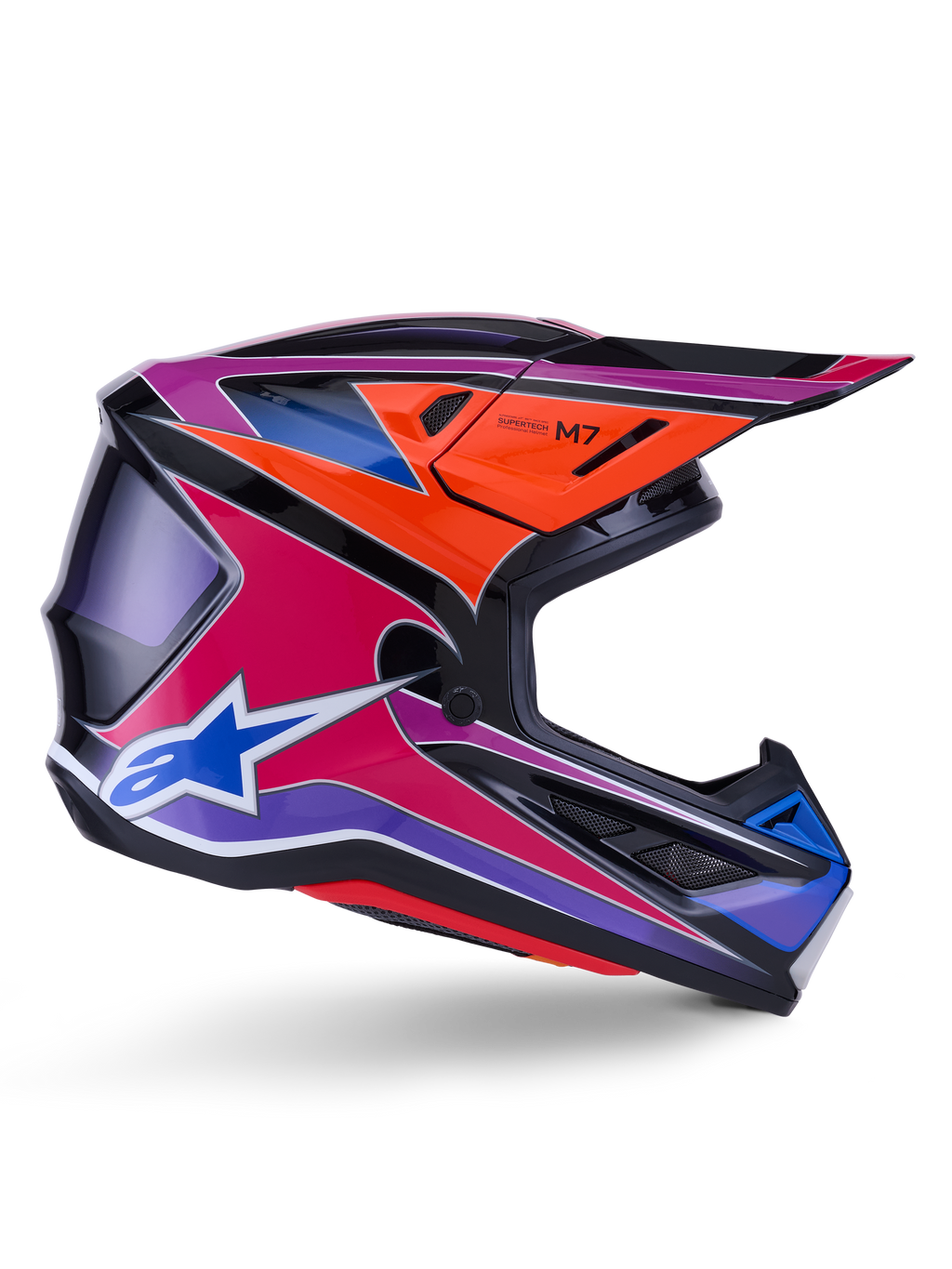 Alpinestars S-M7 Fuse Helmet, Motocross Helmet, Blue Purple and Pink Glossy, side profile view with vibrant racing graphics, aerodynamic shell design with ventilation ports and Alpinestars star logo