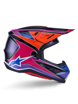 Alpinestars S-M7 Fuse-hjelm, motocross-hjelm, blå, lilla og pink i blank finish, sideprofil med livlige racing-grafikker, aerodynamisk skaldesign med ventilationsporte og Alpinestars stjernelogo