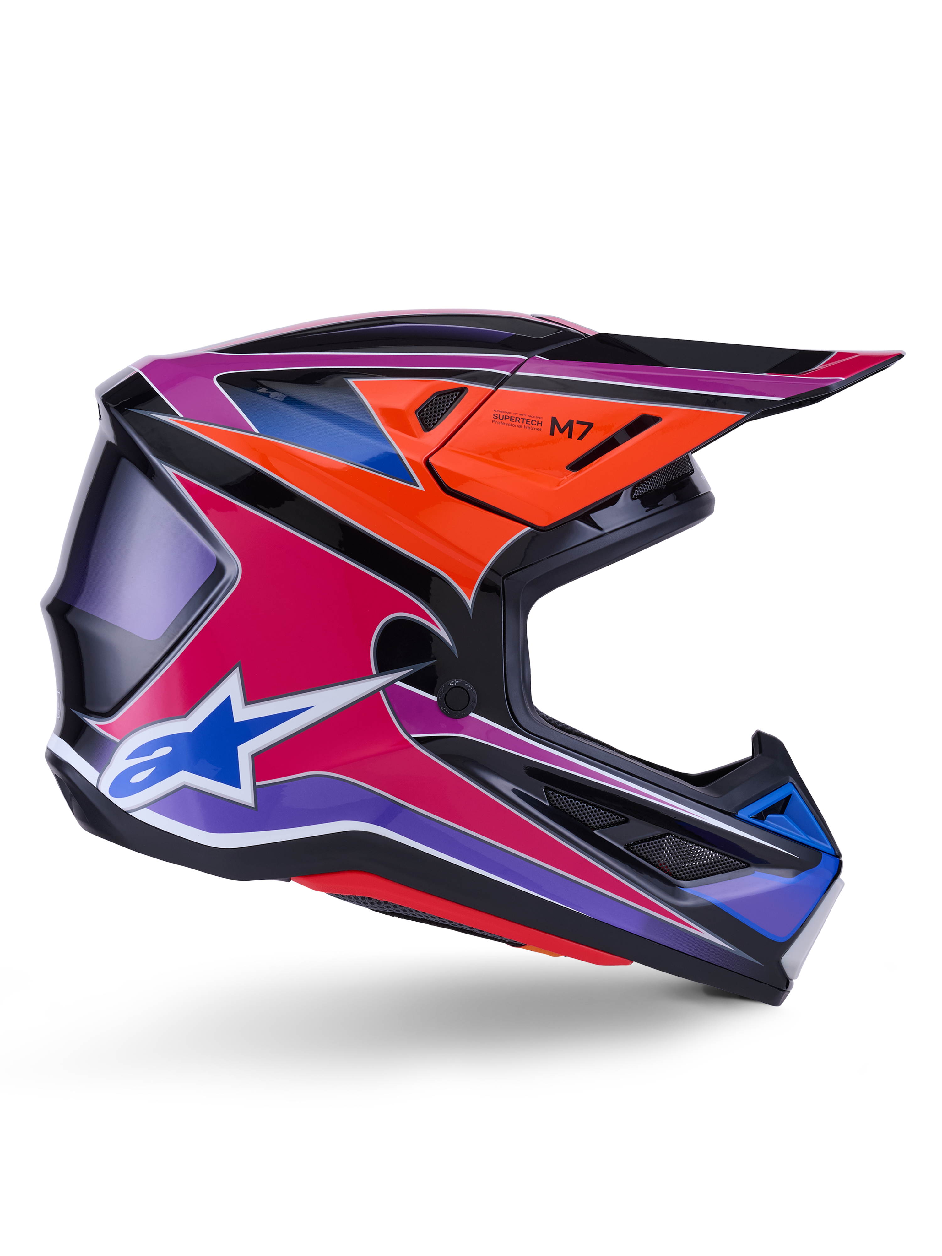 Alpinestars S-M7 Fuse-hjelm, motocross-hjelm, blå, lilla og pink i blank finish, sideprofil med livlige racing-grafikker, aerodynamisk skaldesign med ventilationsporte og Alpinestars stjernelogo