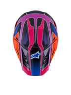 Alpinestars S-M7 Fuse Helmet, top-down view, Blue Purple Pink Glossy with orange and black accents, vibrant geometric design, aerodynamic shell with ventilation ports and Alpinestars logo on the visor, motocross safety gear