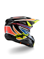 Alpinestars S-M3 Youth Wurx hjelm, motocross-hjelm til unge, sort med detaljer i livlig orange, rød, blå og fluorescerende gul, set bagfra i trekvart profil, der viser den aerodynamiske skal og ventilationsåbninger, blank finish med markant Alpinestars-branding.