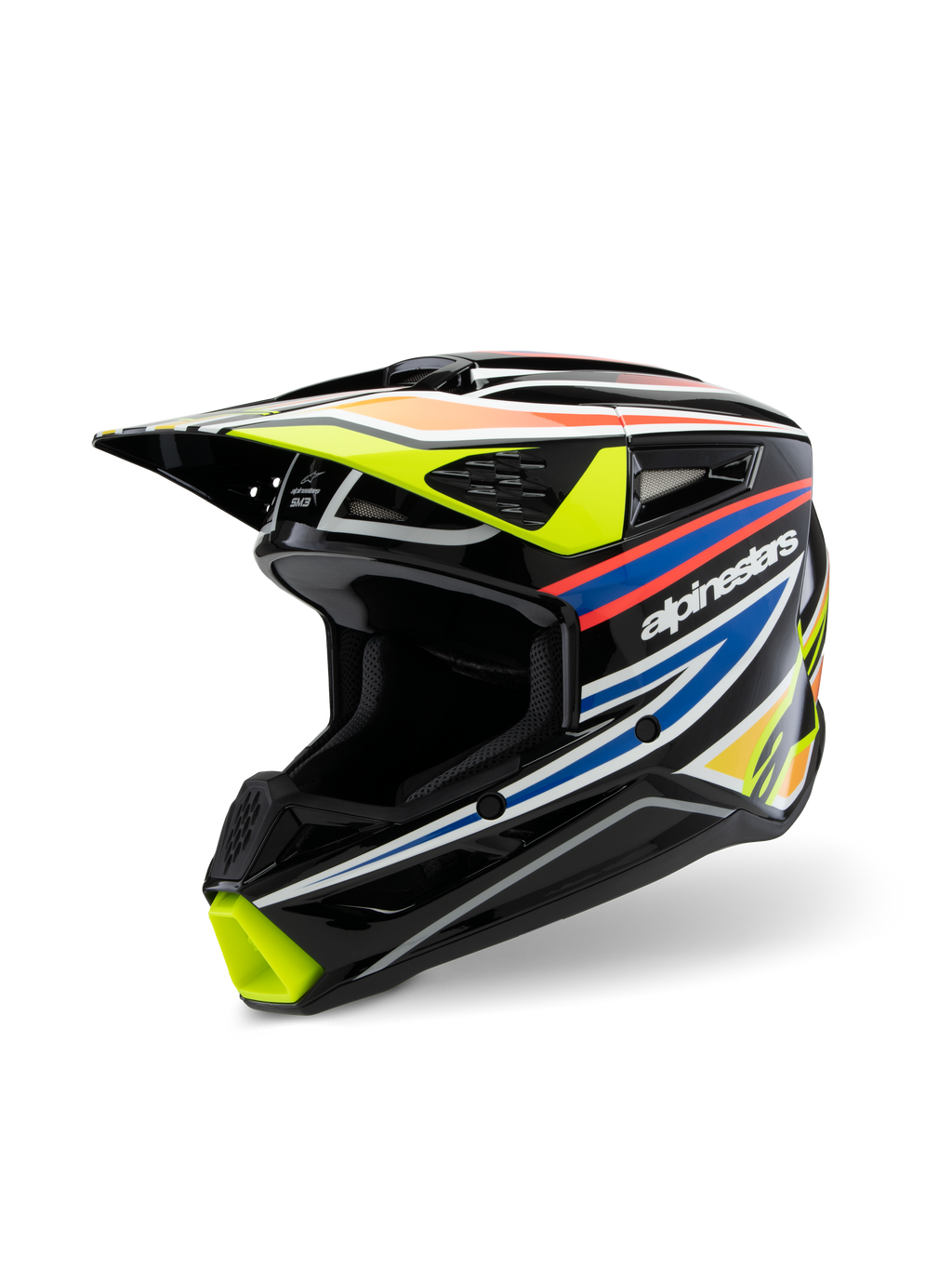 Alpinestars S-M3 Youth Wurx hjelm ECE 22.06, motocross-hjelm, blank sort med neon-gul, blå og rød-orange racing-grafik, trekvart-visning der fremhæver den aerodynamiske skal med adskillige luftindtag og udstødningsporte, beskyttende off-road udstyr til unge kørere