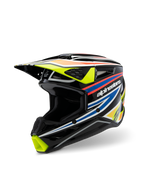 Alpinestars S-M3 Youth Wurx hjelm ECE 22.06, motocross-hjelm, blank sort med neon-gul, blå og rød-orange racing-grafik, trekvart-visning der fremhæver den aerodynamiske skal med adskillige luftindtag og udstødningsporte, beskyttende off-road udstyr til unge kørere