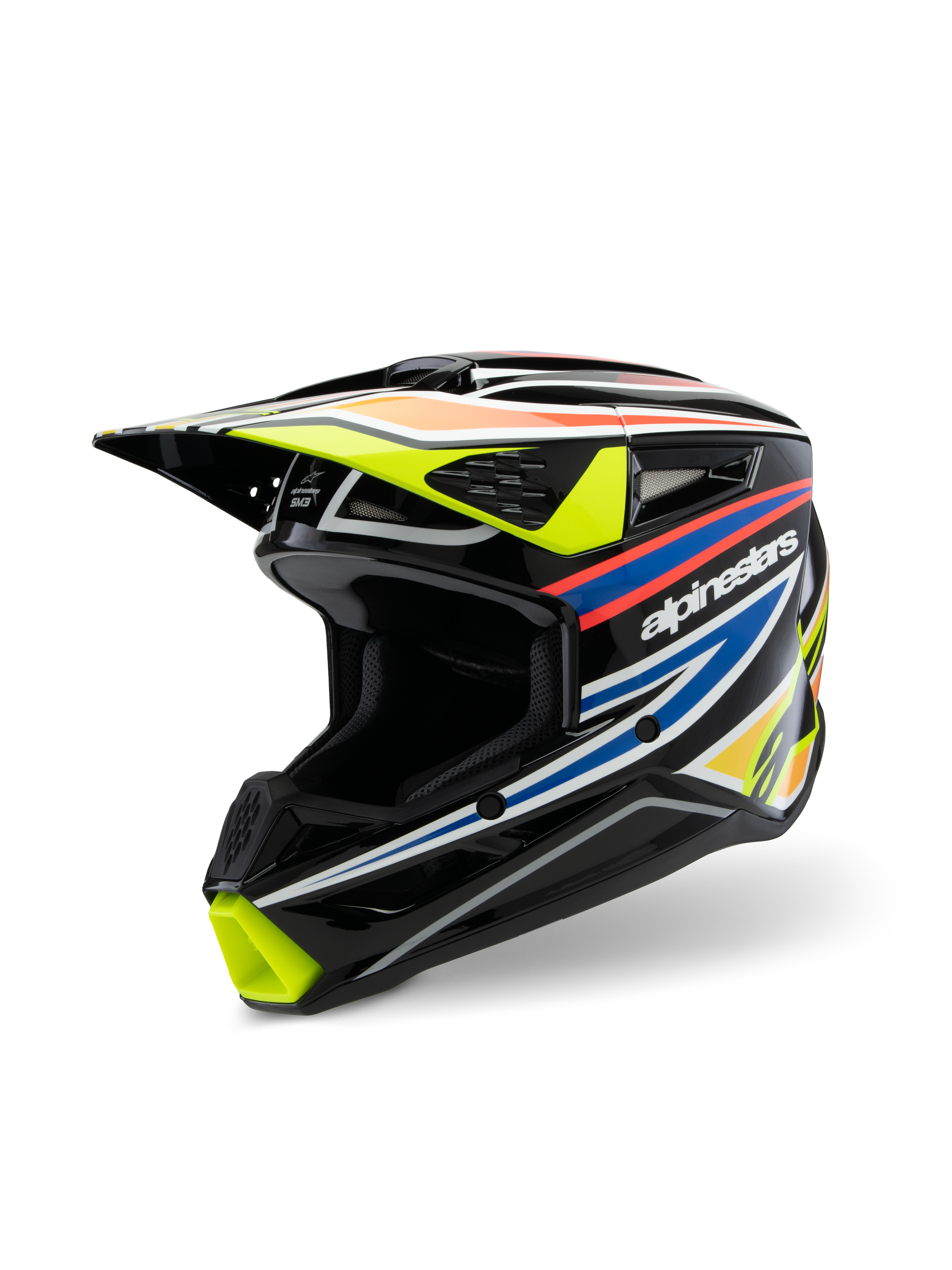 Alpinestars S-M3 Youth Wurx hjelm ECE 22.06, motocross-hjelm, blank sort med neon-gul, blå og rød-orange racing-grafik, trekvart-visning der fremhæver den aerodynamiske skal med adskillige luftindtag og udstødningsporte, beskyttende off-road udstyr til unge kørere