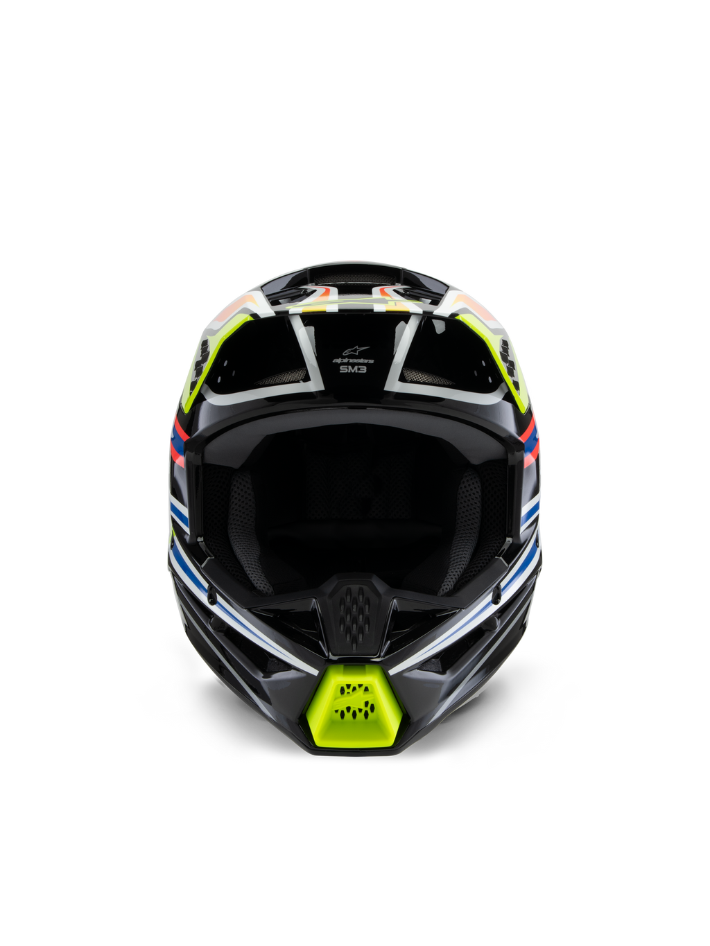Alpinestars S-M3 Youth Wurx-hjelm, set forfra, sort med fluorescerende gul, blå og rød grafik, motocross-beskyttelsesudstyr til unge, sort base med levende geometrisk grafik, integrerede ventilationsåbninger og gul hagebeskytter, off-road racing-stil