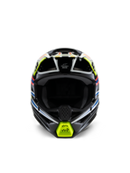 Alpinestars S-M3 Youth Wurx-hjelm, set forfra, sort med fluorescerende gul, blå og rød grafik, motocross-beskyttelsesudstyr til unge, sort base med levende geometrisk grafik, integrerede ventilationsåbninger og gul hagebeskytter, off-road racing-stil