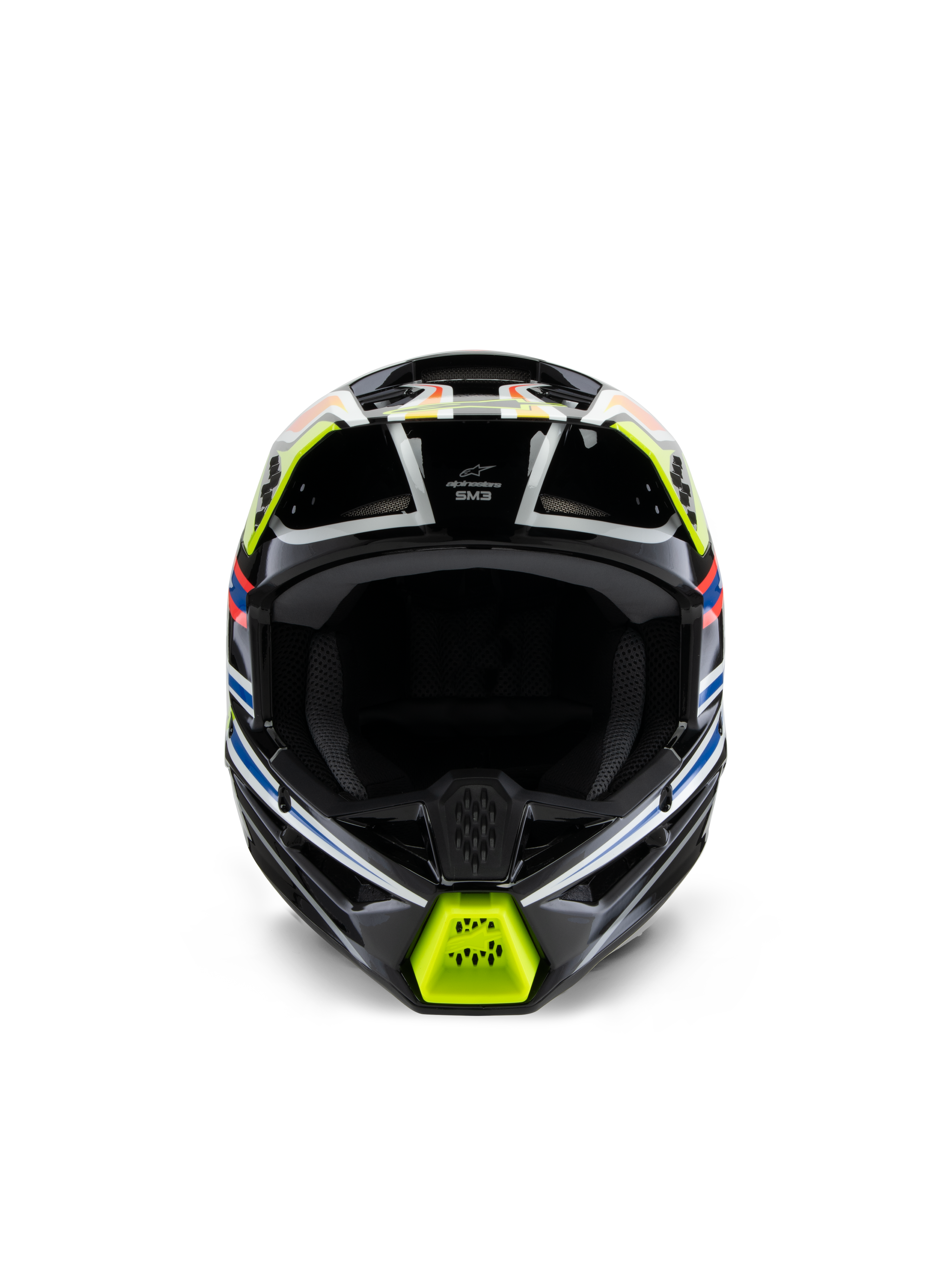 Alpinestars S-M3 Youth Wurx-hjelm, set forfra, sort med fluorescerende gul, blå og rød grafik, motocross-beskyttelsesudstyr til unge, sort base med levende geometrisk grafik, integrerede ventilationsåbninger og gul hagebeskytter, off-road racing-stil