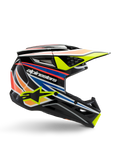 Alpinestars S-M3 Youth Wurx hjelm, motocross-ungdomshjelm, sort med gule, blå, røde og orange grafikstriber, sideprofil med aerodynamisk visir og blank finish, med hvidt Alpinestars-logo og gul stjernegrafik