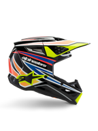 Alpinestars S-M3 Youth Wurx hjelm, motocross-ungdomshjelm, sort med gule, blå, røde og orange grafikstriber, sideprofil med aerodynamisk visir og blank finish, med hvidt Alpinestars-logo og gul stjernegrafik