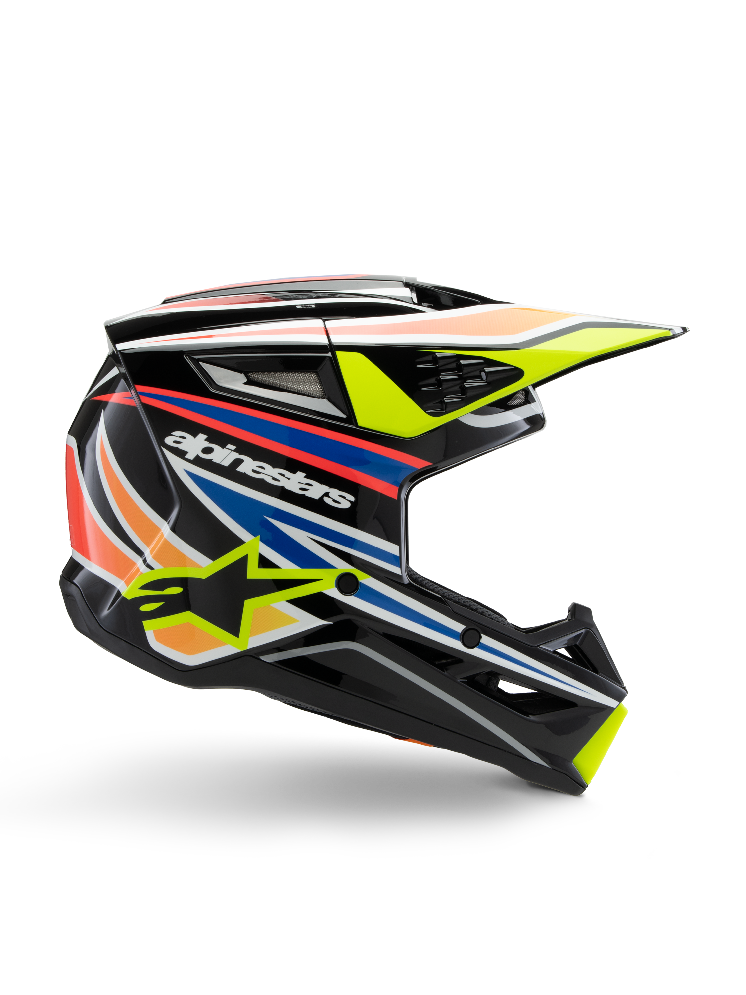Alpinestars S-M3 Youth Wurx hjelm, motocross-ungdomshjelm, sort med gule, blå, røde og orange grafikstriber, sideprofil med aerodynamisk visir og blank finish, med hvidt Alpinestars-logo og gul stjernegrafik