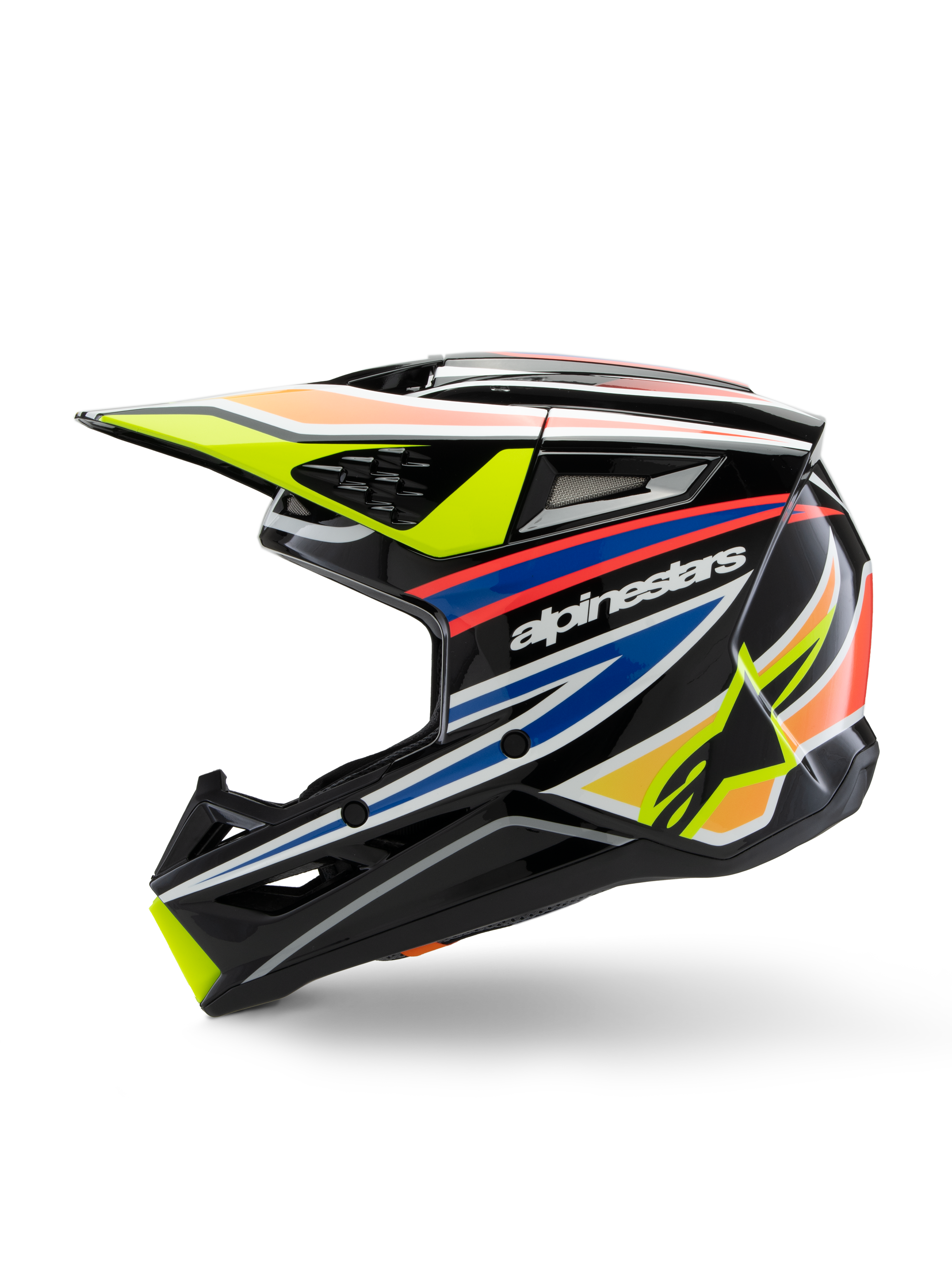 Alpinestars S-M3 Youth Wurx hjelm, motocrosshjelm, sort med livlige gule, blå og røde grafikker, profilvisning med tydeligt Alpinestars-branding, aerodynamisk skal med flere ventilationsåbninger og en gul skygge.