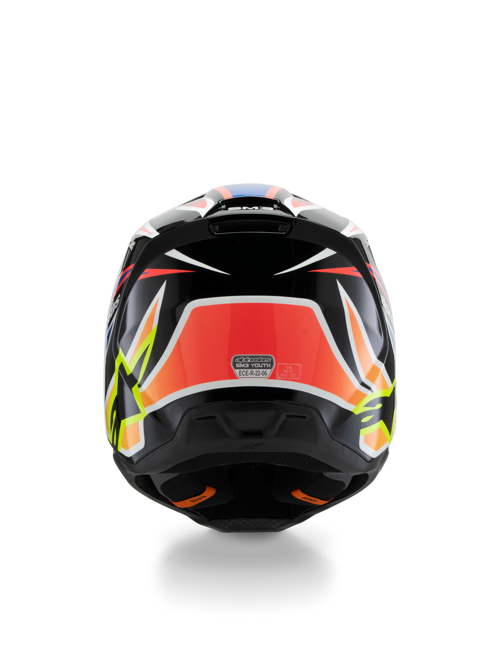 Alpinestars S-M3 Youth Wurx-hjelm ECE 22.06, motocross-hjelm, set bagfra, sort med rød, fluorescerende gul og blå grafik, markante kantede mønstre, stjernelogoer og ECE 22.06-certificeringsmærkat, designet til off-road racing til unge