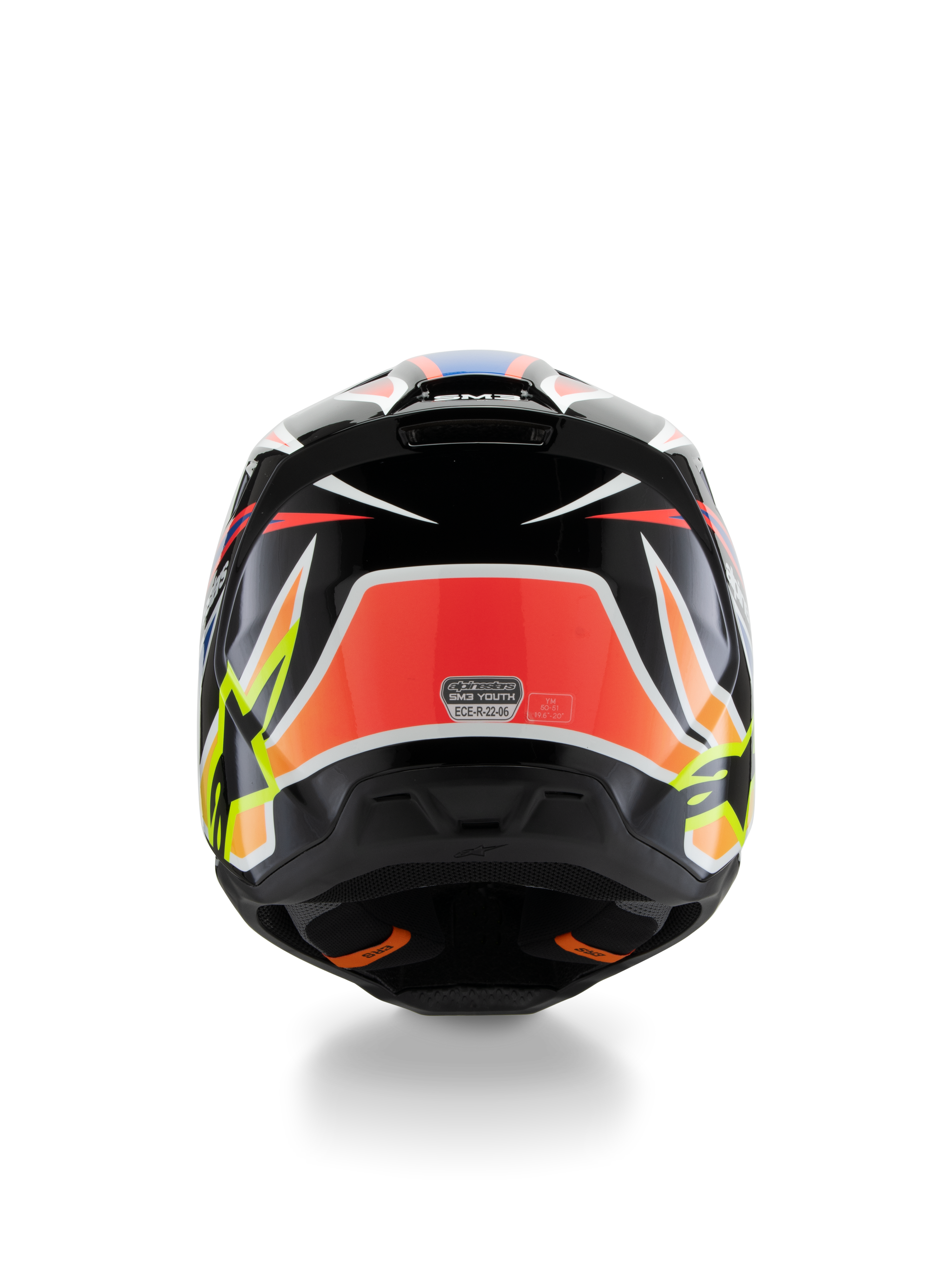 Alpinestars S-M3 Youth Wurx-hjelm ECE 22.06, motocross-hjelm, set bagfra, sort med rød, fluorescerende gul og blå grafik, markante kantede mønstre, stjernelogoer og ECE 22.06-certificeringsmærkat, designet til off-road racing til unge