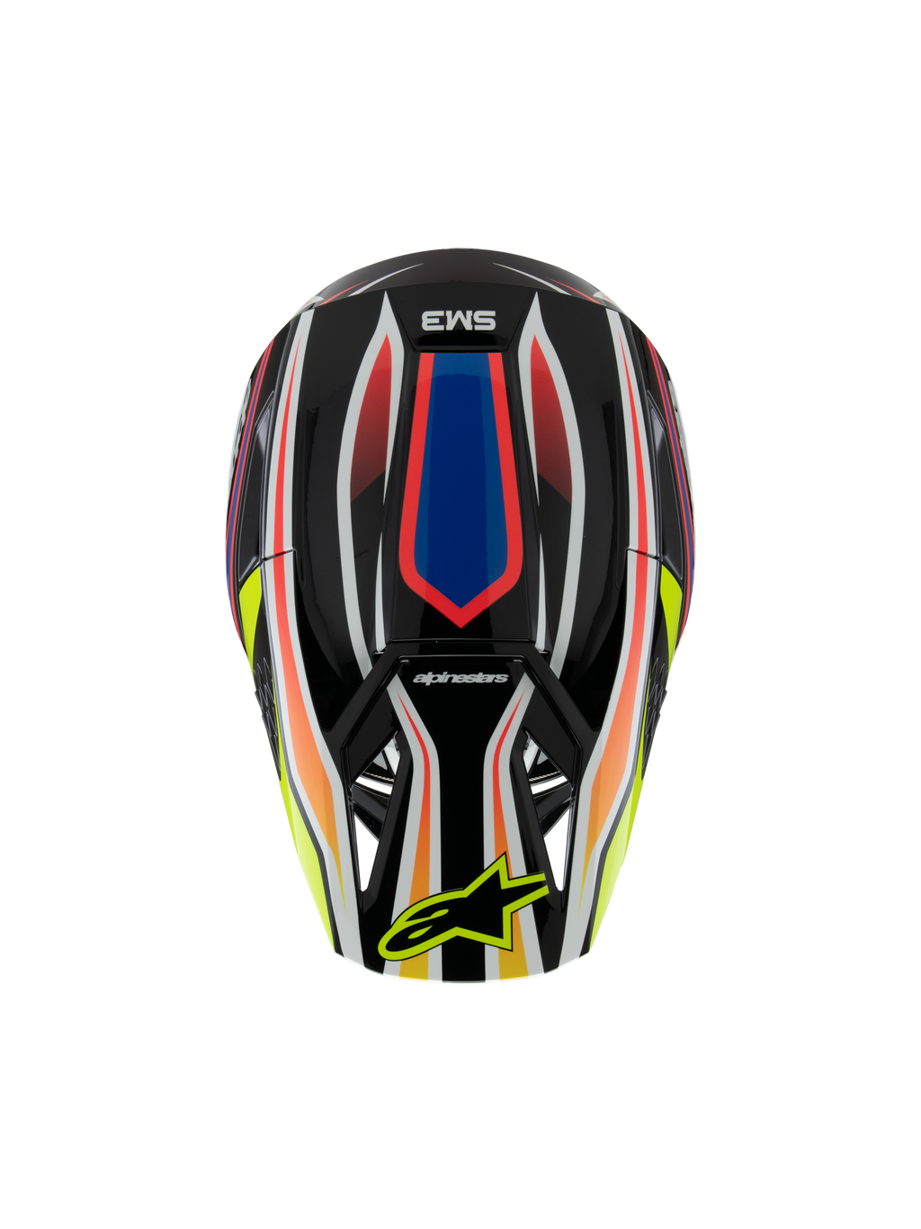 Alpinestars S-M3 Youth Wurx hjelm ECE 22.06, motocrosshjelm, sort med livlig rød, blå og gul grafik, set oppefra med SM3-logo og gult Alpinestars-logo på visiret, off-road beskyttelsesudstyr